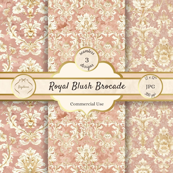 Pink Brocade Digital Paper, Rococo Damask Seamless Patterns, Blush Pink Jacquard Scrapbooking Paper, Royal Princess Junk Journal Textures