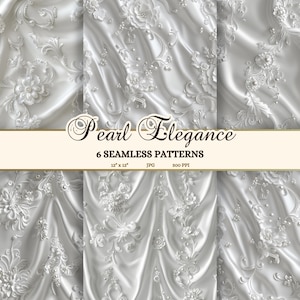 Hochzeit Nahtlose Texturen JPG, Weißer Satin Hintergrund mit Perlen Download, Luxus Braut Scrapbook Papier Druckbar, Florale Spitze Download