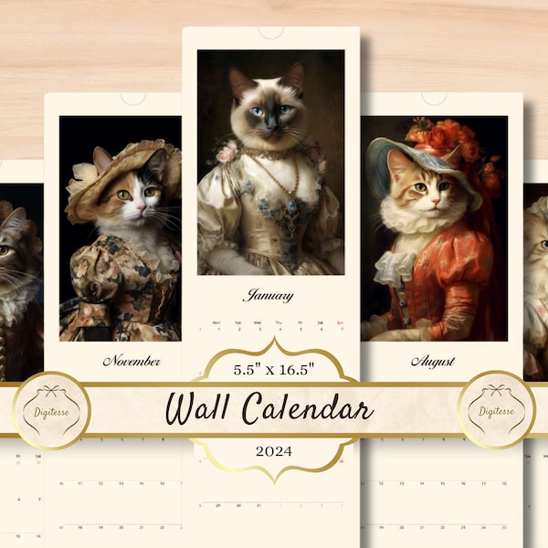 Calendrier Royal Cat 2024, Kitty Princess Painting Wall Calendar 2024 Art, Cadeau de nouveauté pour maman, Cadeau de chat de vacances, Cadeau de chat pour ami