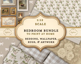 1:12 Scale Dollhouse Bedroom Bundle, Taupe Shabby Chic Printables (Digital Download)