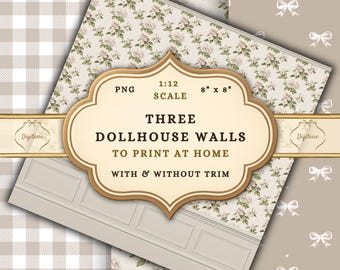 Printable Dollhouse Wallpaper, 1:12 Scale Cottagecore Floral, Checked, and Bow Patterns (Instant Download)