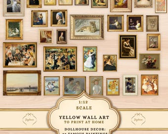 Printable Dollhouse Artwork, 1:12 Scale Yellow Gallery Wall PNG, Framed Miniature Paintings, Yellow Collage Sheet