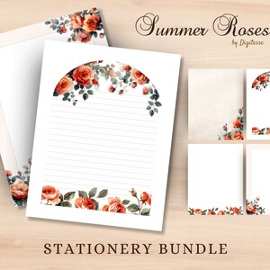 Conjunto imprimible de papel de rosa roja, papel de diario de rosas de acuarela, linda papelería imprimible floral, JPG, carta de EE. UU., cuaderno forrado y sin forro