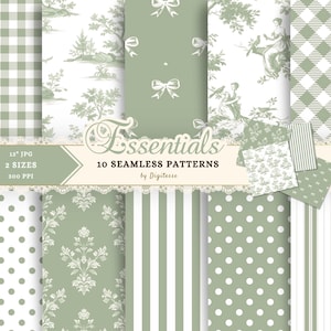 Carta digitale Toile verde salvia, carta digitale a pois verde, motivi shabby chic senza soluzione di continuità JPG, download di carta per album di ritagli Cottagecore Bows