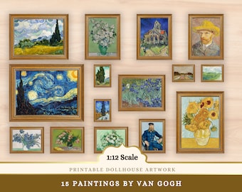 Printable Dollhouse Art, Van Gogh Miniature Gallery Wall, Famous Paintings 1:12 Scale Framed, Collage Sheet Download, Mini Wall Decor PNG