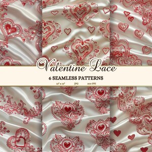 Süße nahtlose Valentinstagmuster, Vintage rotes Herz Spitzentextur JPG, digitaler Spitzenhintergrund, viktorianisches Valentinstag druckbares Papier