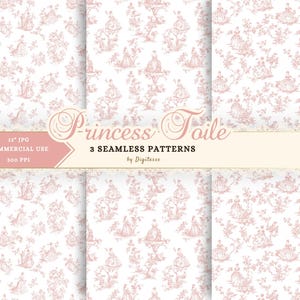 Puede incluir: Tres patrones sin costuras con un diseño de toile rosa, con figuras y elementos florales sobre un fondo blanco. La imagen incluye el texto "Princess Toile" y "3 seamless patterns".