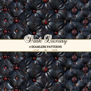 May include: Three seamless patterns featuring a dark, luxurious, black leather upholstery with red jewel accents. The patterns are 12" x 12" and 300 DPI.