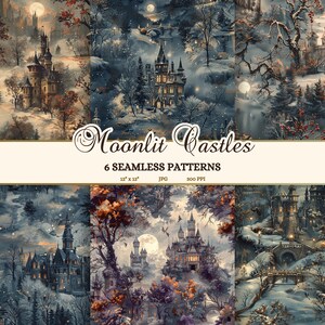 Haunted Castle Junk Journal afdrukbaar papier, gotische Halloween naadloze patronen downloaden, spookachtig aquarel landschap, Vampire Castle JPG