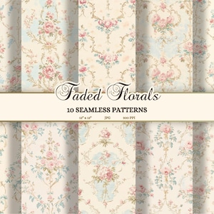 Motivi senza soluzione di continuità shabby chic, carte con design digitale floreale vintage, download di carta per diario Cottagecore Junk, sfondo French Country JPG