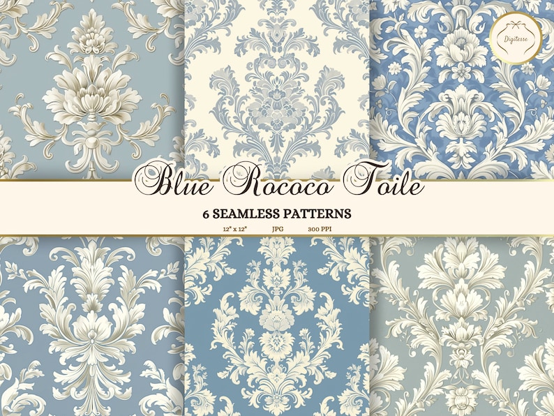 以下が含まれることがあります： 青と白のロココ・トワル模様のシームレスなデジタルペーパーパターン6つ。パターンは30.48cm x 30.48cmで、解像度は300ppiです。