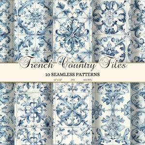 Download de azulejos country franceses, pisos estéticos para casa de bonecas para impressão, padrões sem costura azuis e brancos, papel para scrapbook chinoiserie JPG