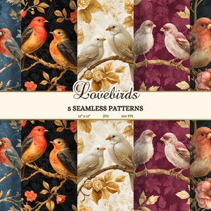 Aquarel vogels afdrukbaar papier, Victoriaanse tortelduifjes clipart, Valentijnsdag ongewenste dagboek afdrukbare, vintage naadloze patroon set JPG