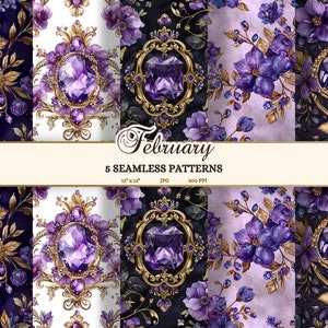 Papel digital de aniversário de fevereiro, padrão sem emendas de pedra de nascimento, impressão de scrapbooking de ametista e violeta, fundo floral de joias barrocas