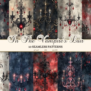 以下が含まれることがあります： 赤い宝石とろうそくが付いたゴシック様式のシャンデリアを特徴とする、10種類のデジタルペーパーパターン。パターンはシームレスで、スクラップブッキング、カード作り、その他のクラフトプロジェクトに使用できます。