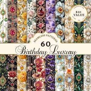 Modèles sans couture anniversaire JPG, papier numérique pour pierre de naissance, fleur de naissance JPG, album de scrapbooking d'anniversaire de luxe à imprimer, bijoux baroques royaux