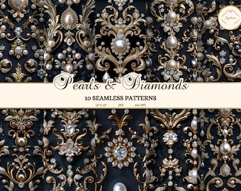 Perle baroque et motif sans couture de diamants, élégant album de mariage papier JPG, bijou de luxe Royal Junk Journal imprimable, clipart pierres précieuses