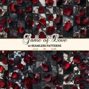 Puede incluir: Un patrón sin costuras con un fondo de tablero de ajedrez blanco y negro con pétalos de rosa rojos y rosas. El texto "Game of Love" se muestra en una fuente decorativa. El patrón mide 12 pulgadas por 12 pulgadas y tiene una resolución de 300 píxeles por pulgada.