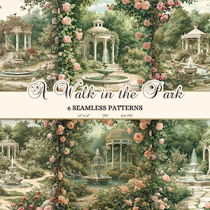 Romantischer Gazebo Park Seamless Pattern, Vintage Aquarell (Digitaler Download)