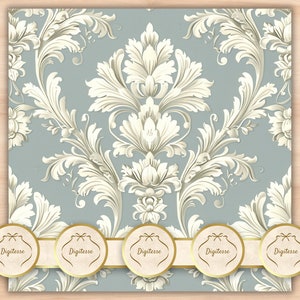 以下が含まれることがあります： 薄い青色の背景に白いダマスク模様が施されたシームレスなパターン。パターンは画像全体に繰り返されています。画像には、黒いテキストで「Digiteresse」と書かれた金色の円が5つ含まれています。