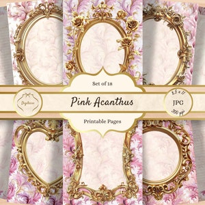 Descarga de papel de acanto rosa, páginas de diario basura rococó imprimibles, papel de cuaderno estético para niñas, elegante scrapbooking barroco JPG