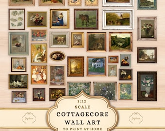 Printable Cottagecore Dollhouse Wall Art, Framed 1:12 Scale Miniature Paintings Collage Sheet