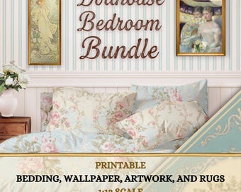 1:12 Scale Dollhouse Bedroom Bundle (Miniature Wallpaper, Bedding, Rugs, and Artwork), Shabby Chic Printables