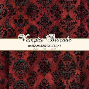 Red and Black Vampire Brocade, Gothic Damask Patterns (JPG Digital Download)
