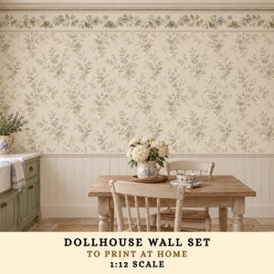 May include: A digital file for a dollhouse wall set featuring a cream-colored background with a delicate green and blue floral botanical pattern, including a matching border and wainscoting design, labeled as a 1:12 scale print at home set.