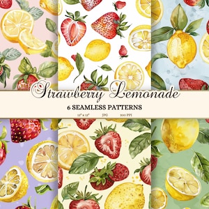 Ensemble de motifs sans couture aux fraises, motifs sans couture au citron pour l'été, motifs sans couture mignons JPG, motifs répétitifs de fruits aquarelle pastel