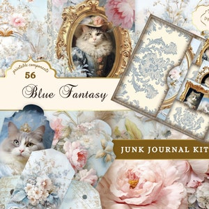 Lot de carnets de voyage Chats dans les vêtements, kit de carnet de voyage bleu shabby chic fleuri, carnet de voyage éphémère rococo imprimable, pages cartes étiquettes JPG
