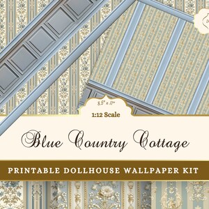 Carta da parati shabby chic vittoriana per casa delle bambole stampabile in scala 1 12, download del pacchetto Diorama Cottagecore, boiserie modanatura pannellatura Roombox PNG