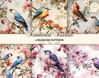 Seamless Patterns Victorian Birds and Flowers, Bird Digital Paper for Scrapbooking, JPG, Watercolor Birds Clip Art, Cardinal, Bluebird