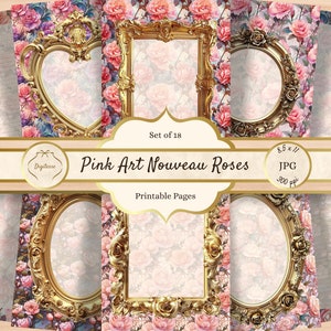 Pagine di diario spazzatura stampabili in stile Art Nouveau, cancelleria floreale Belle Epoque JPG, download di carta per notebook con rose rosa, carta per album primaverile