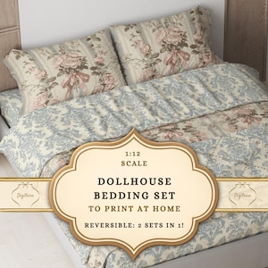 May include: Dollhouse bedding set with a floral and damask pattern in cream, pink, and blue. The set includes a reversible duvet cover and two pillowcases. The text on the image reads "1:12 Scale Dollhouse Bedding Set To Print At Home".