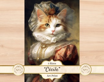 Calico Cat Painting, Calico Cat Rococo Art Print, Unique Wall Decor, Calico Cat Holiday Gift, Costumed Cat Picture, Royal Cat Portrait