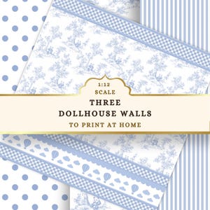 Printable Blue Dollhouse Nursery Wallpaper Set, 1:12 Scale Walls with Hot Air Balloon Trim (PNG), Stripes, Toile de Jouy, Polka Dots