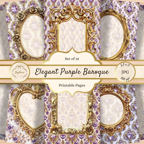 Purple Jewels Digital Writing Paper, Royal Scrapbook Paper Printable, Baroque Junk Journal Pages JPG, Decorative Notebook Paper Download