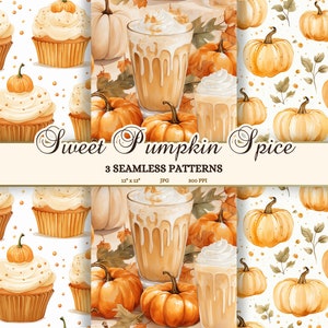 Patrones sin costuras de especias de calabaza, papel decorativo para el otoño, álbum de recortes de calabaza de otoño, papel imprimible de otoño acogedor, café con leche, cupcake de calabaza