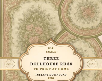 1:12 Scale Dollhouse Rugs, Pink Green Floral, Shabby Chic Miniatures (Digital Download)