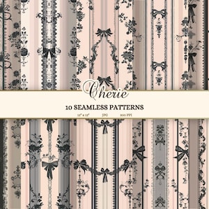 Coquette motifs esthétiques sans couture, papier peint parisien imprimable, fond noeud dentelle vintage, papier journal rayé rose et noir