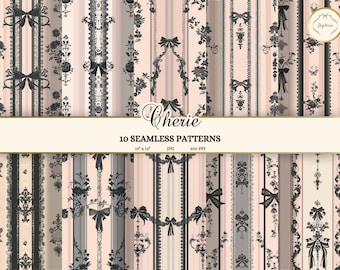 Coquette Aesthetic Seamless Patterns, Parisian Wallpaper Printable, Vintage Lace Bow Background, Pink and Black Striped Junk Journal Paper