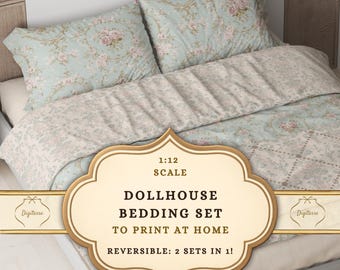 1:12 Scale Dollhouse Bedding Sewing Patterns, Floral Comforter, Quilt, Pillows (Digital Download)