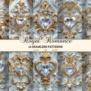 Páginas de diário de lixo de casamento, papel de scrapbook barroco real JPG, fundos de diamante em forma de coração rococó, padrões românticos de pedras preciosas sem costura