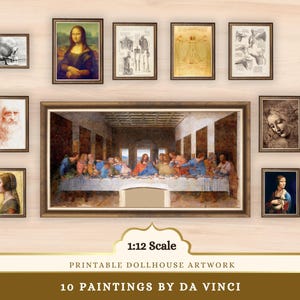 Printable Dollhouse Artwork, Dark Academia Miniature Gallery Wall, Da Vinci, Mona Lisa, Last Supper, 1:12 Scale Art, Collage Sheet Download