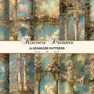 May include: A digital collage of 10 seamless patterns featuring a rococo style design with columns, arches, and pink roses against a blue sky background. The text "Rococo Dreams" and "10 Seamless Patterns" is included in the image.