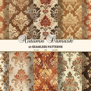 May include: Ten digital paper patterns featuring autumnal damask designs in shades of brown, gold, and red. The patterns are seamless and can be used for a variety of crafting projects.