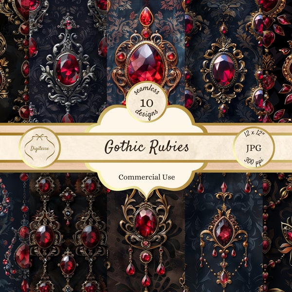 Medieval Rubies Digital Paper, Gothic Jewelry Seamless Patterns, Renaissance Red Gemstones Junk Journal Printable Pages, Royal Luxury JPG