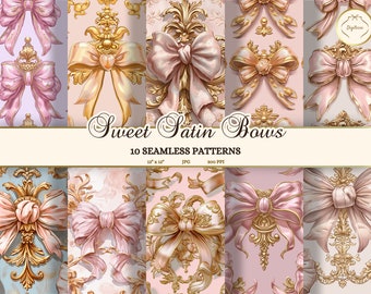 Pink and Gold Bows Seamless Pattern Set JPG, Coquette Aesthetic Printable Paper, Balletcore Junk Journal, Feminine Scrapbook Paper Digital