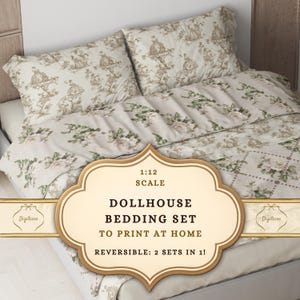 May include: A 1:12 scale dollhouse bedding set to print at home, featuring a reversible design. The bedding displays a brown and white toile pattern with figures on one side and a green and white floral print on the other. Text reads 1:12 SCALE DOLLHOUSE BEDDING SET TO PRINT AT HOME REVERSIBLE: 2 SETS IN 1!
